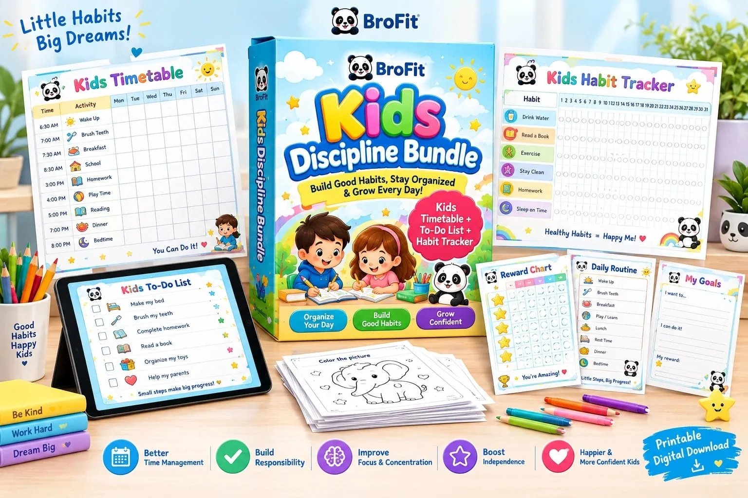 Kids Discipline Bundle with timetable sheets, habit trackers and to-do lists